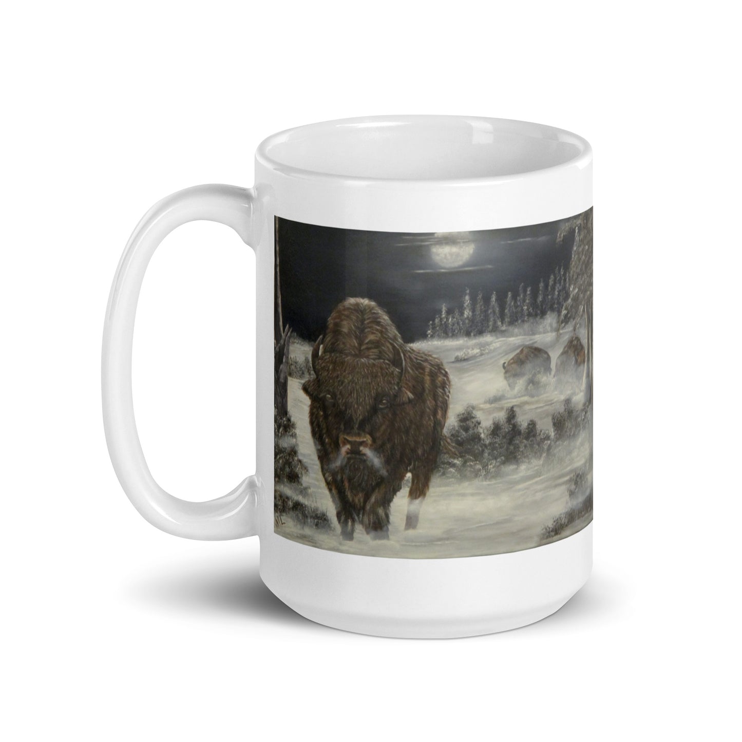 "White Glossy Ceramic Mug with 'Bison on a Cold Winter Night' Artwork – 11oz/15oz/20oz Coffee Cup – Stunning Wildlife Design, Perfect Gift for Nature Enthusiasts, Dishwasher & Microwave Safe"