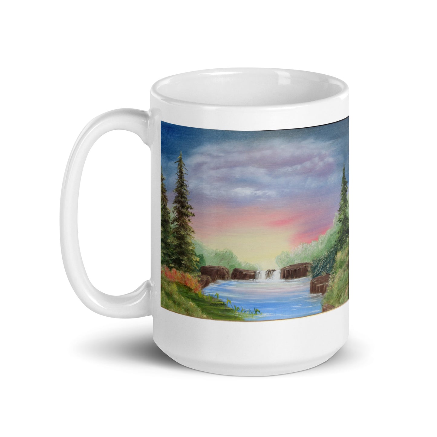 "White Glossy Ceramic Mug with 'Sunset Over Waterfall' Artwork – 11oz/15oz/20oz Coffee Cup – Beautiful Nature Scene, Ideal Gift for Outdoor Lovers, Dishwasher & Microwave Safe"