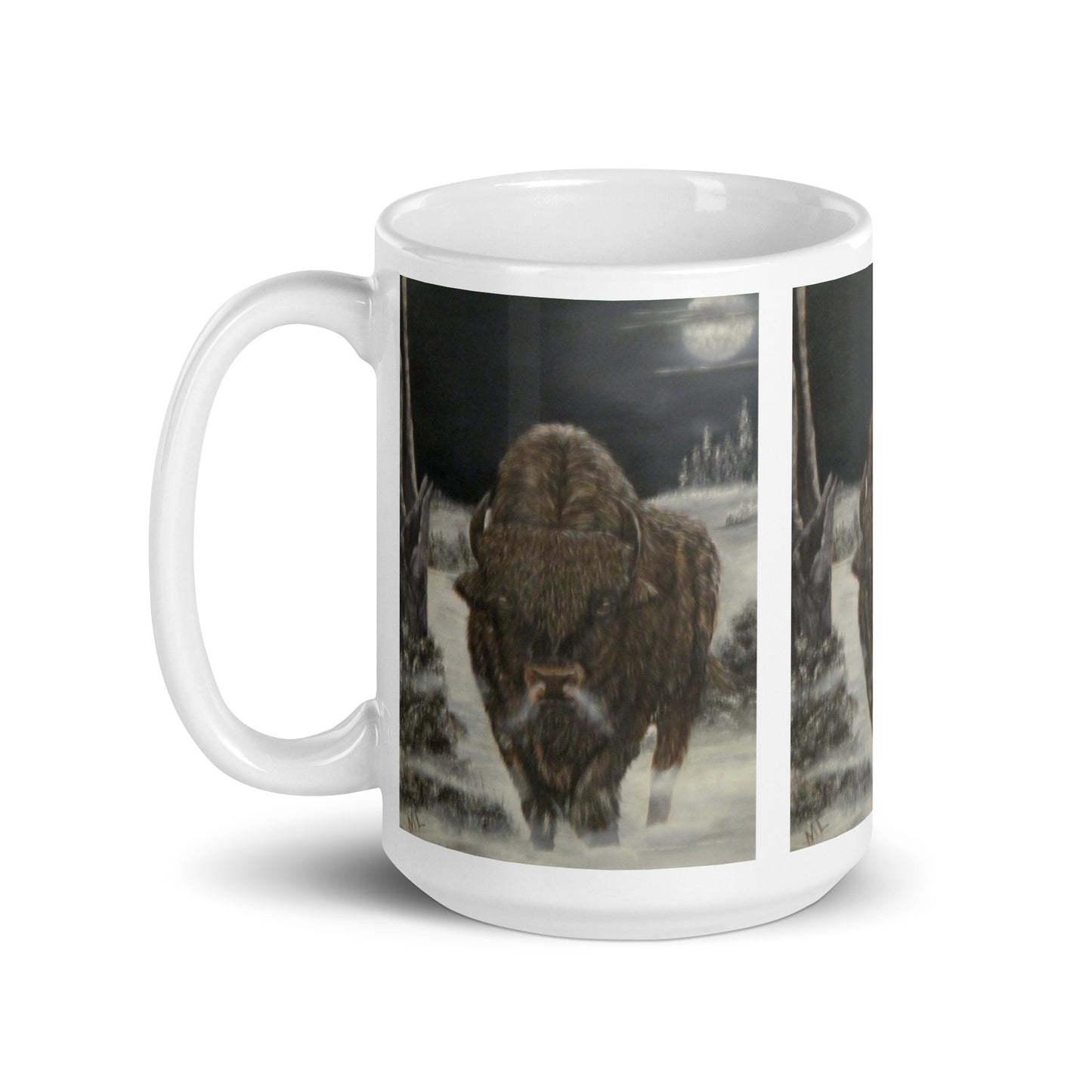 "White Glossy Ceramic Mug with 'Bison and Full Moon' Artwork – 11oz/15oz/20oz Coffee Cup – Stunning Wildlife Scene, Perfect Gift for Nature Enthusiasts, Dishwasher & Microwave Safe"