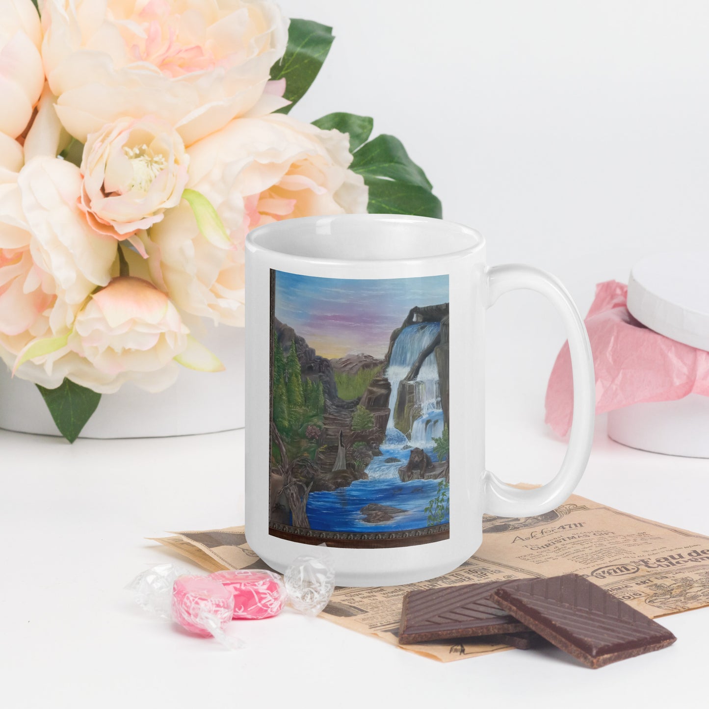 "White Glossy Mug – 11oz/15oz Ceramic Coffee Cup with Bear's Paradise Landscape Art – Perfect Gift for Nature Lovers, Dishwasher & Microwave Safe"