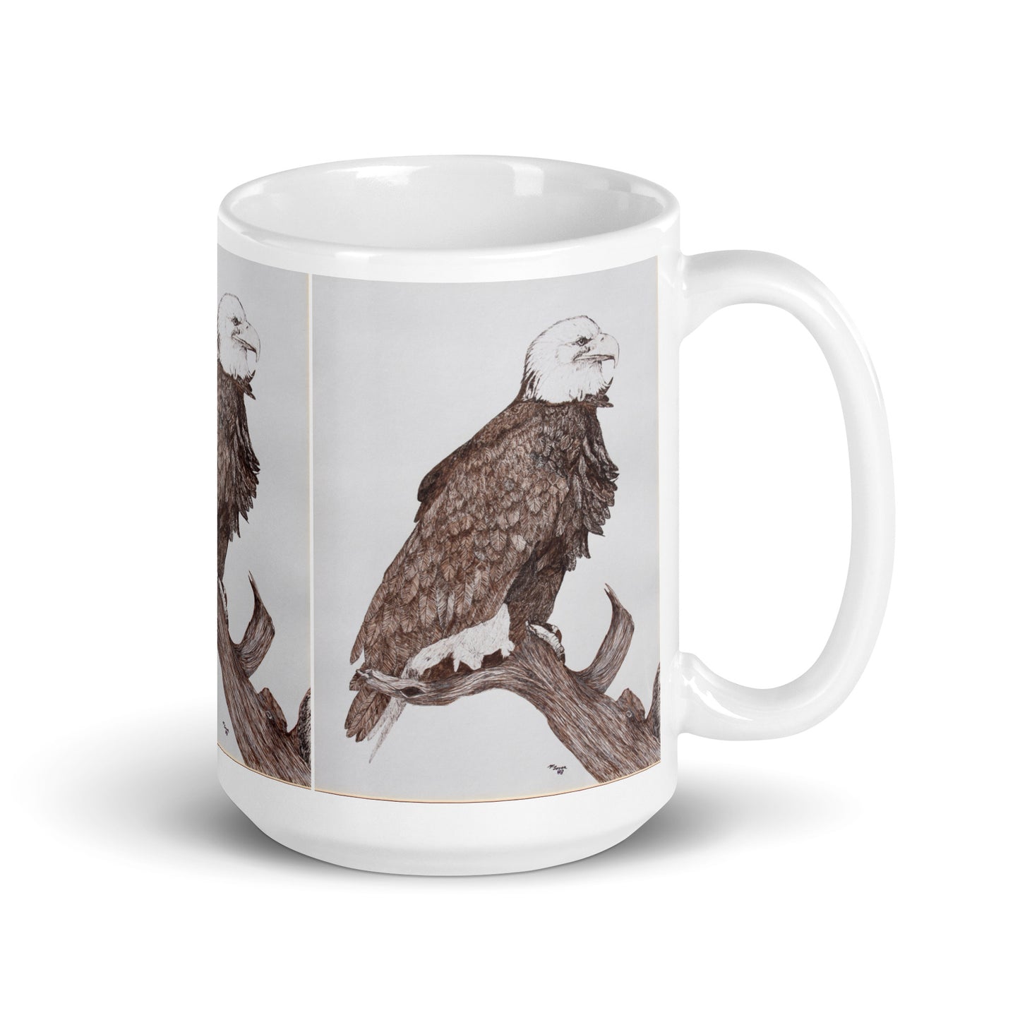 "White Glossy Ceramic Mug with Eagle Artwork – 11oz/15oz/20oz Coffee Cup – Majestic Bird of Prey Design, Perfect Gift for Nature Lovers, Dishwasher & Microwave Safe"