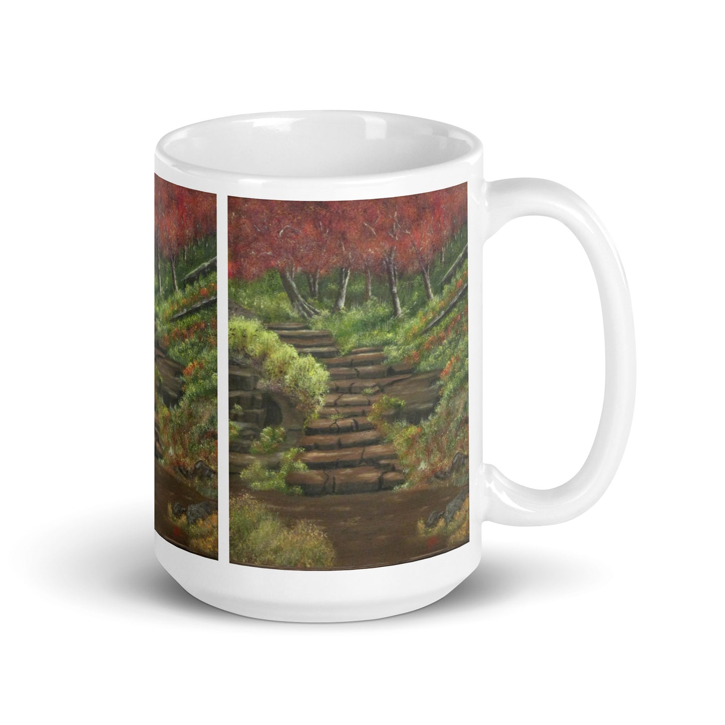 "White Glossy Ceramic Mug with 'Path to Adventure' Artwork – 11oz/15oz/20oz Coffee Cup – Inspirational Landscape Design, Ideal Gift for Nature Lovers, Dishwasher & Microwave Safe"