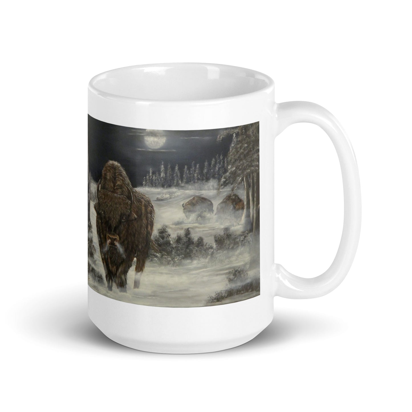 "White Glossy Ceramic Mug with 'Bison on a Cold Winter Night' Artwork – 11oz/15oz/20oz Coffee Cup – Stunning Wildlife Design, Perfect Gift for Nature Enthusiasts, Dishwasher & Microwave Safe"