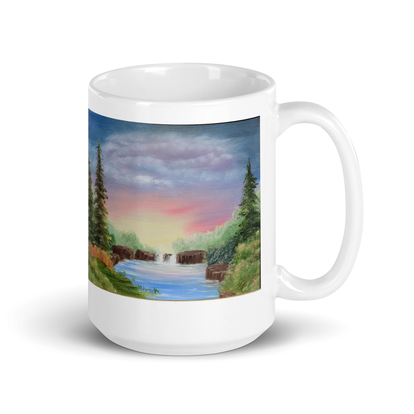 "White Glossy Ceramic Mug with 'Sunset Over Waterfall' Artwork – 11oz/15oz/20oz Coffee Cup – Beautiful Nature Scene, Ideal Gift for Outdoor Lovers, Dishwasher & Microwave Safe"