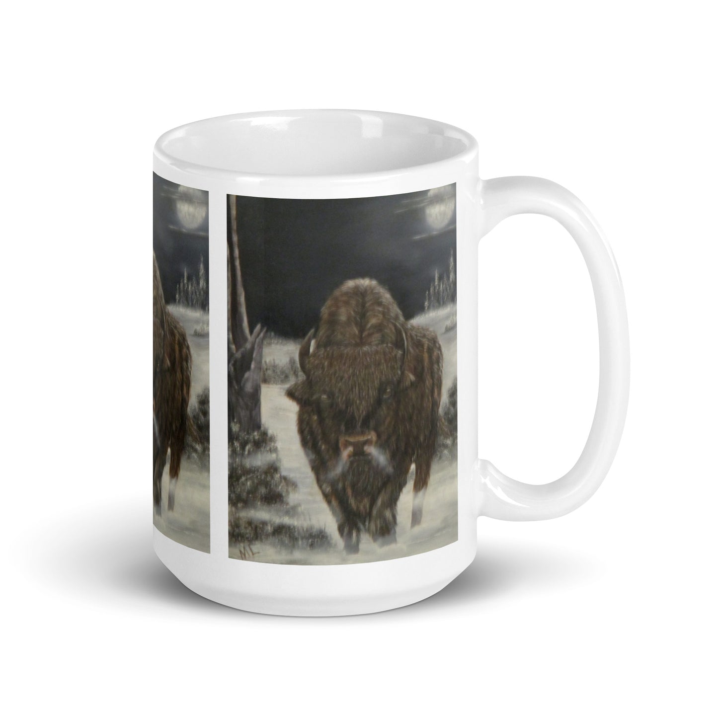 "White Glossy Ceramic Mug with 'Bison and Full Moon' Artwork – 11oz/15oz/20oz Coffee Cup – Stunning Wildlife Scene, Perfect Gift for Nature Enthusiasts, Dishwasher & Microwave Safe"