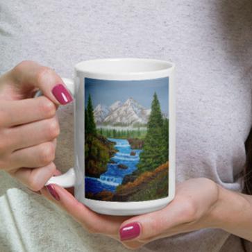 "White Glossy Ceramic Mug – 11oz/15oz/20oz Coffee Cup with 'Spring Runoff' Mountain Stream Artwork – Perfect Gift for Nature Lovers, Dishwasher & Microwave Safe"