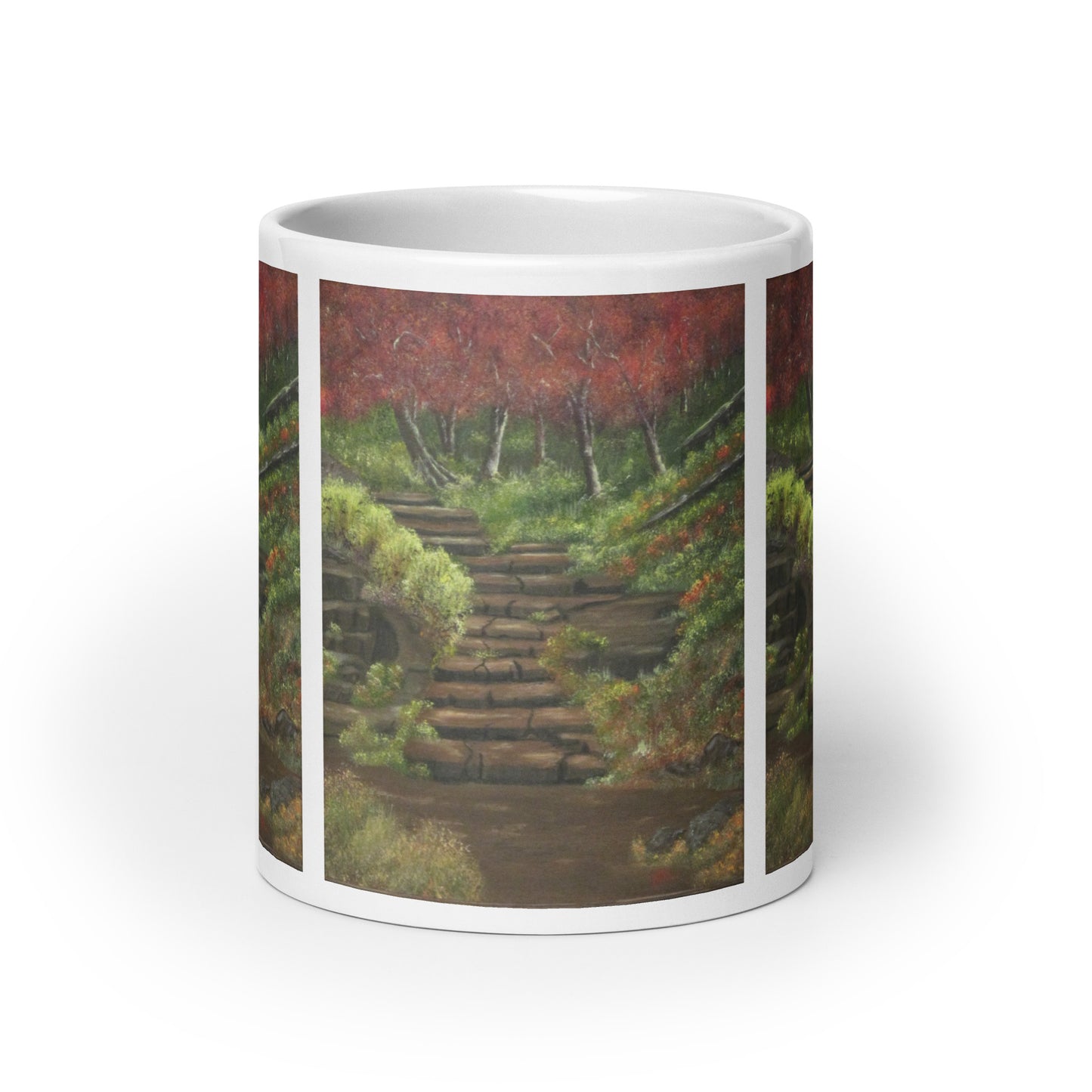 "White Glossy Ceramic Mug with 'Path to Adventure' Artwork – 11oz/15oz/20oz Coffee Cup – Inspirational Landscape Design, Ideal Gift for Nature Lovers, Dishwasher & Microwave Safe"