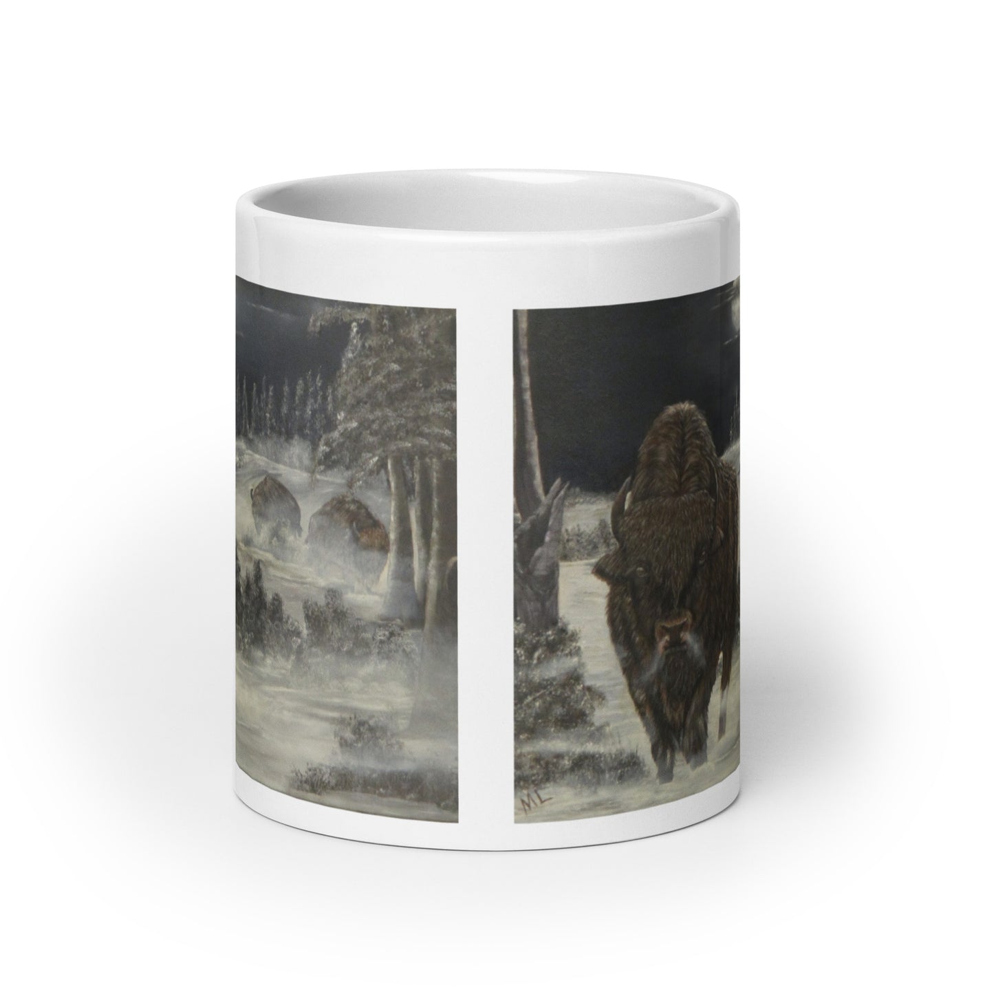 "White Glossy Ceramic Mug with 'Bison on a Cold Winter Night' Artwork – 11oz/15oz/20oz Coffee Cup – Stunning Wildlife Design, Perfect Gift for Nature Enthusiasts, Dishwasher & Microwave Safe"