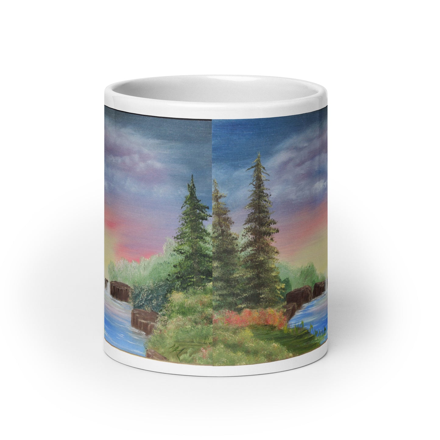 "White Glossy Ceramic Mug with 'Sunset Over Waterfall' Artwork – 11oz/15oz/20oz Coffee Cup – Beautiful Nature Scene, Ideal Gift for Outdoor Lovers, Dishwasher & Microwave Safe"