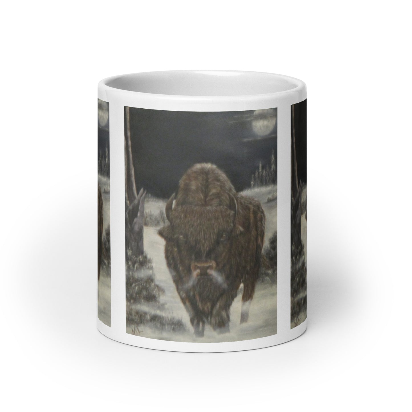 "White Glossy Ceramic Mug with 'Bison and Full Moon' Artwork – 11oz/15oz/20oz Coffee Cup – Stunning Wildlife Scene, Perfect Gift for Nature Enthusiasts, Dishwasher & Microwave Safe"