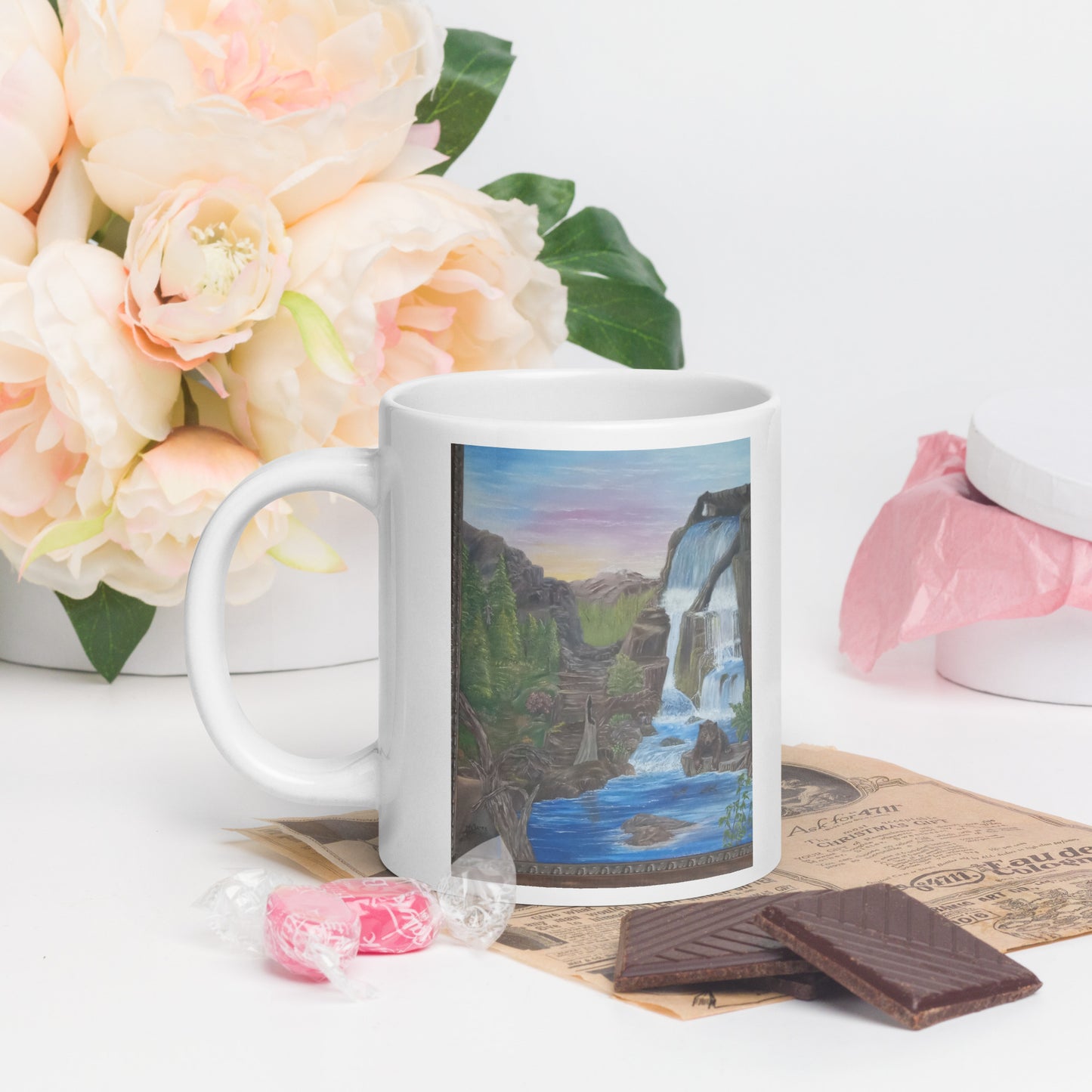 "White Glossy Mug – 11oz/15oz Ceramic Coffee Cup with Bear's Paradise Landscape Art – Perfect Gift for Nature Lovers, Dishwasher & Microwave Safe"