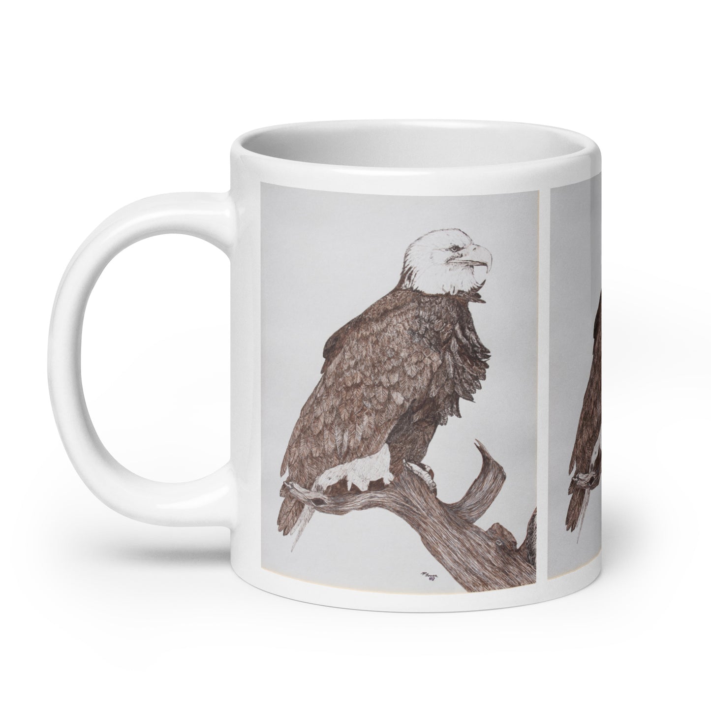 "White Glossy Ceramic Mug with Eagle Artwork – 11oz/15oz/20oz Coffee Cup – Majestic Bird of Prey Design, Perfect Gift for Nature Lovers, Dishwasher & Microwave Safe"