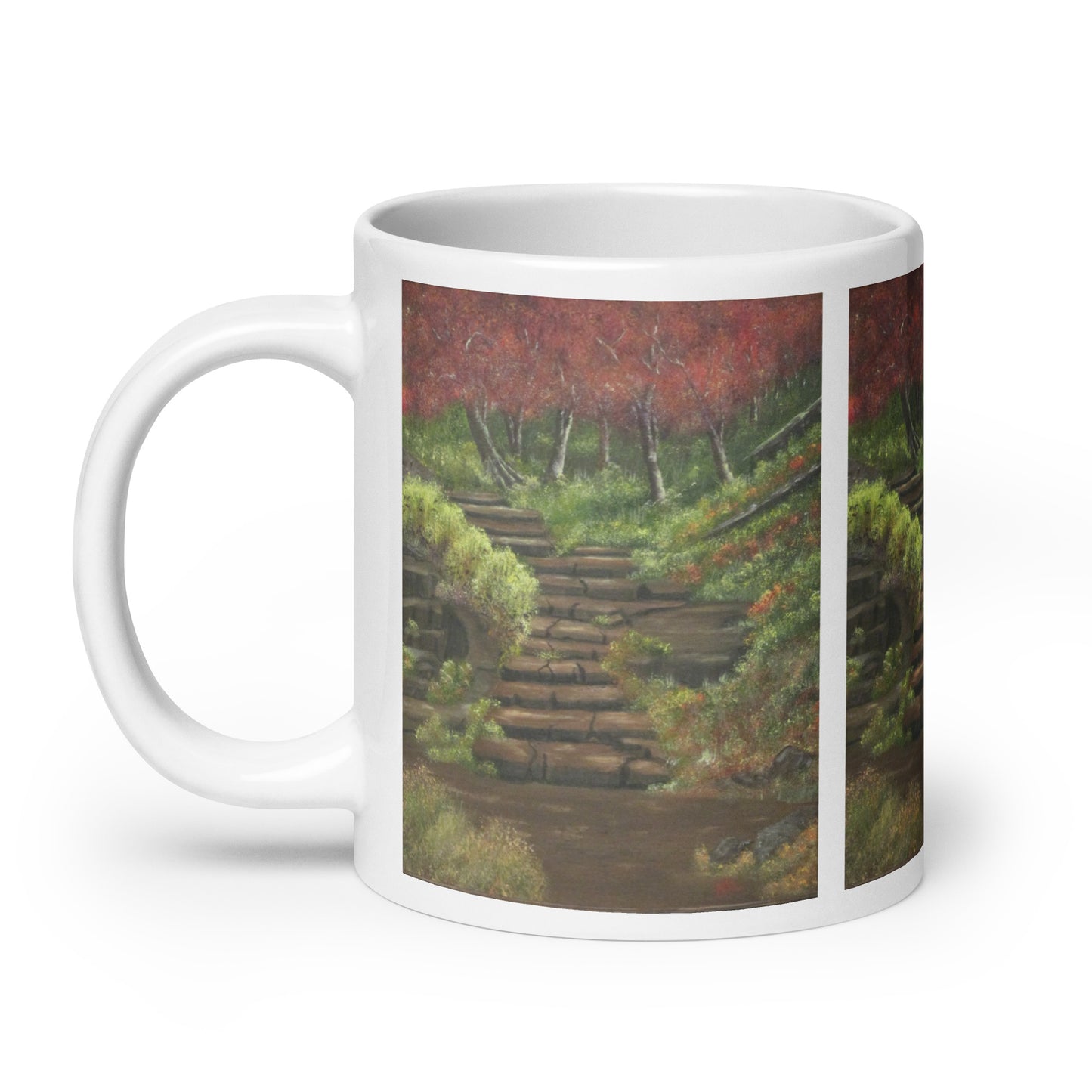 "White Glossy Ceramic Mug with 'Path to Adventure' Artwork – 11oz/15oz/20oz Coffee Cup – Inspirational Landscape Design, Ideal Gift for Nature Lovers, Dishwasher & Microwave Safe"