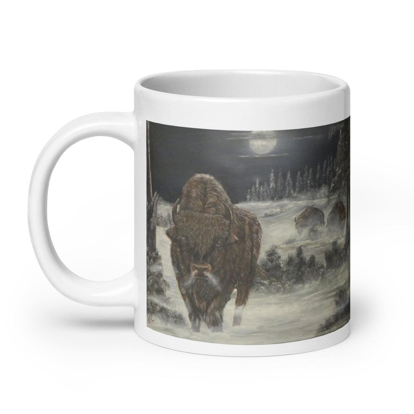 "White Glossy Ceramic Mug with 'Bison on a Cold Winter Night' Artwork – 11oz/15oz/20oz Coffee Cup – Stunning Wildlife Design, Perfect Gift for Nature Enthusiasts, Dishwasher & Microwave Safe"