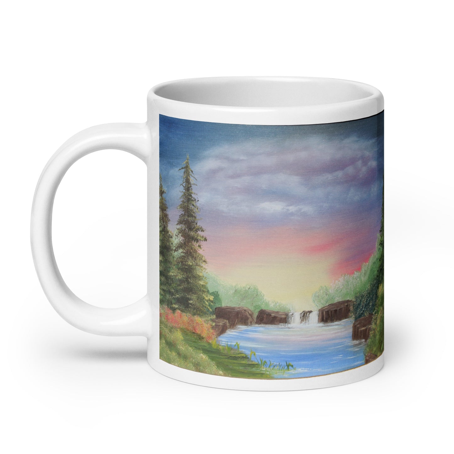 "White Glossy Ceramic Mug with 'Sunset Over Waterfall' Artwork – 11oz/15oz/20oz Coffee Cup – Beautiful Nature Scene, Ideal Gift for Outdoor Lovers, Dishwasher & Microwave Safe"