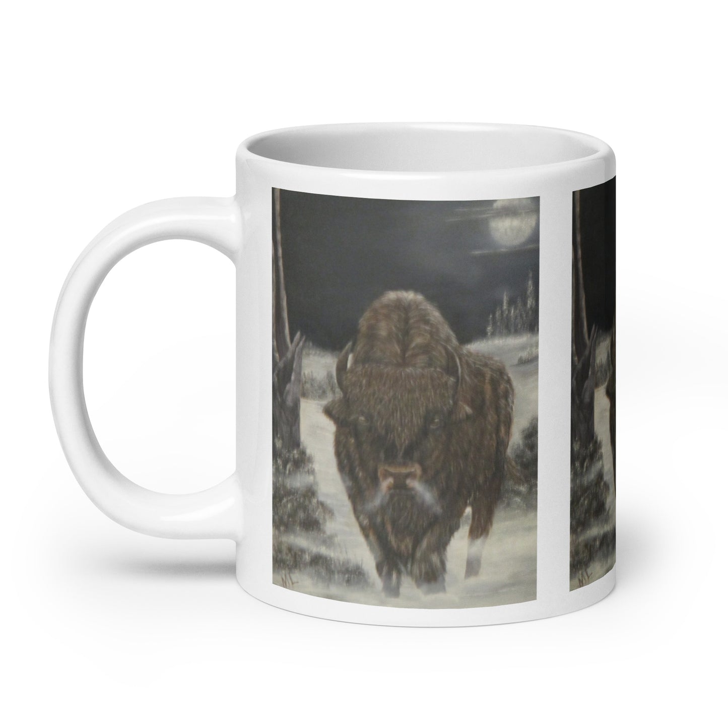 "White Glossy Ceramic Mug with 'Bison and Full Moon' Artwork – 11oz/15oz/20oz Coffee Cup – Stunning Wildlife Scene, Perfect Gift for Nature Enthusiasts, Dishwasher & Microwave Safe"