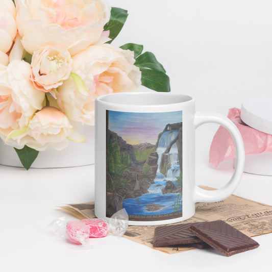 "White Glossy Mug – 11oz/15oz Ceramic Coffee Cup with Bear's Paradise Landscape Art – Perfect Gift for Nature Lovers, Dishwasher & Microwave Safe"