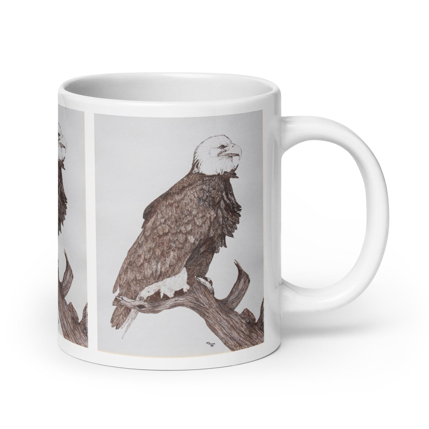 "White Glossy Ceramic Mug with Eagle Artwork – 11oz/15oz/20oz Coffee Cup – Majestic Bird of Prey Design, Perfect Gift for Nature Lovers, Dishwasher & Microwave Safe"