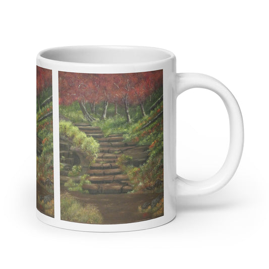 "White Glossy Ceramic Mug with 'Path to Adventure' Artwork – 11oz/15oz/20oz Coffee Cup – Inspirational Landscape Design, Ideal Gift for Nature Lovers, Dishwasher & Microwave Safe"