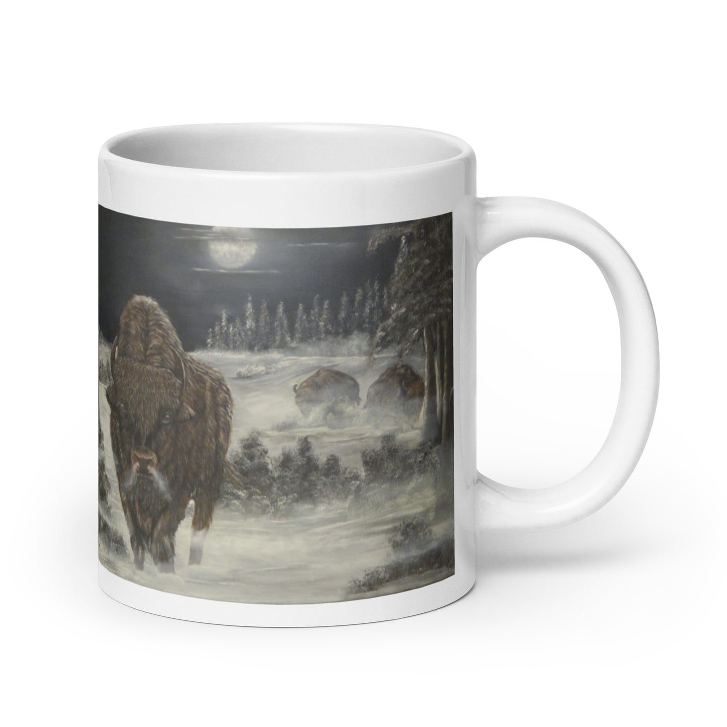 "White Glossy Ceramic Mug with 'Bison on a Cold Winter Night' Artwork – 11oz/15oz/20oz Coffee Cup – Stunning Wildlife Design, Perfect Gift for Nature Enthusiasts, Dishwasher & Microwave Safe"