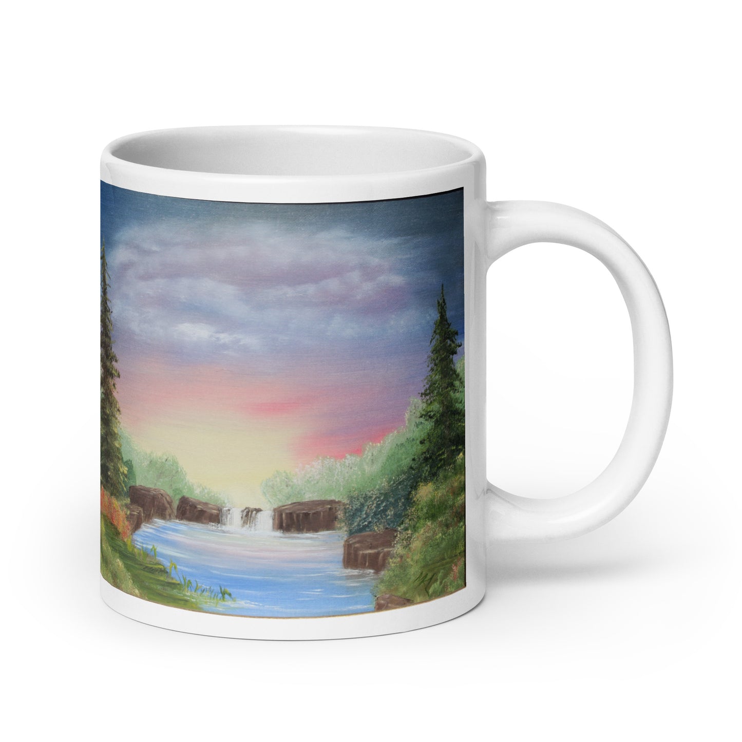 "White Glossy Ceramic Mug with 'Sunset Over Waterfall' Artwork – 11oz/15oz/20oz Coffee Cup – Beautiful Nature Scene, Ideal Gift for Outdoor Lovers, Dishwasher & Microwave Safe"