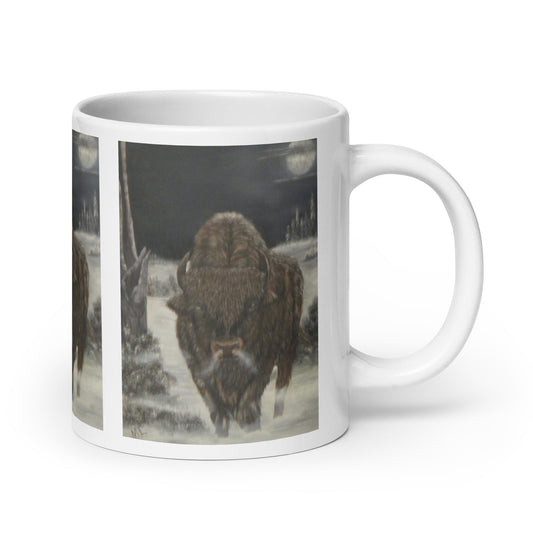 "White Glossy Ceramic Mug with 'Bison and Full Moon' Artwork – 11oz/15oz/20oz Coffee Cup – Stunning Wildlife Scene, Perfect Gift for Nature Enthusiasts, Dishwasher & Microwave Safe"