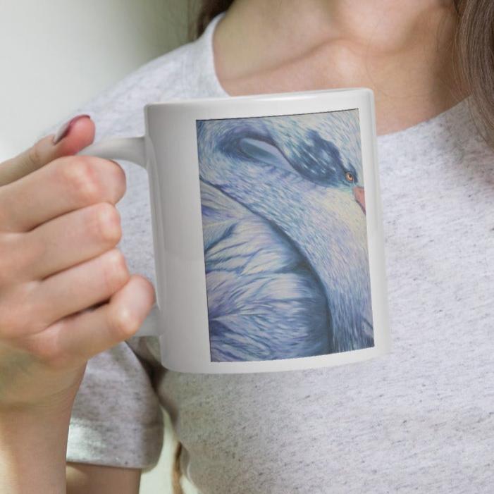 "White Glossy Ceramic Mug with Blue Swan Artwork – 11oz/15oz/20oz Coffee Cup – Elegant Bird Design, Perfect Gift for Wildlife Enthusiasts, Dishwasher & Microwave Safe"