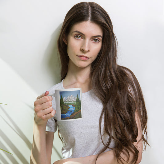 "White Glossy Ceramic Mug – 11oz/15oz/20oz Coffee Cup with 'Spring Runoff' Mountain Stream Artwork – Perfect Gift for Nature Lovers, Dishwasher & Microwave Safe"