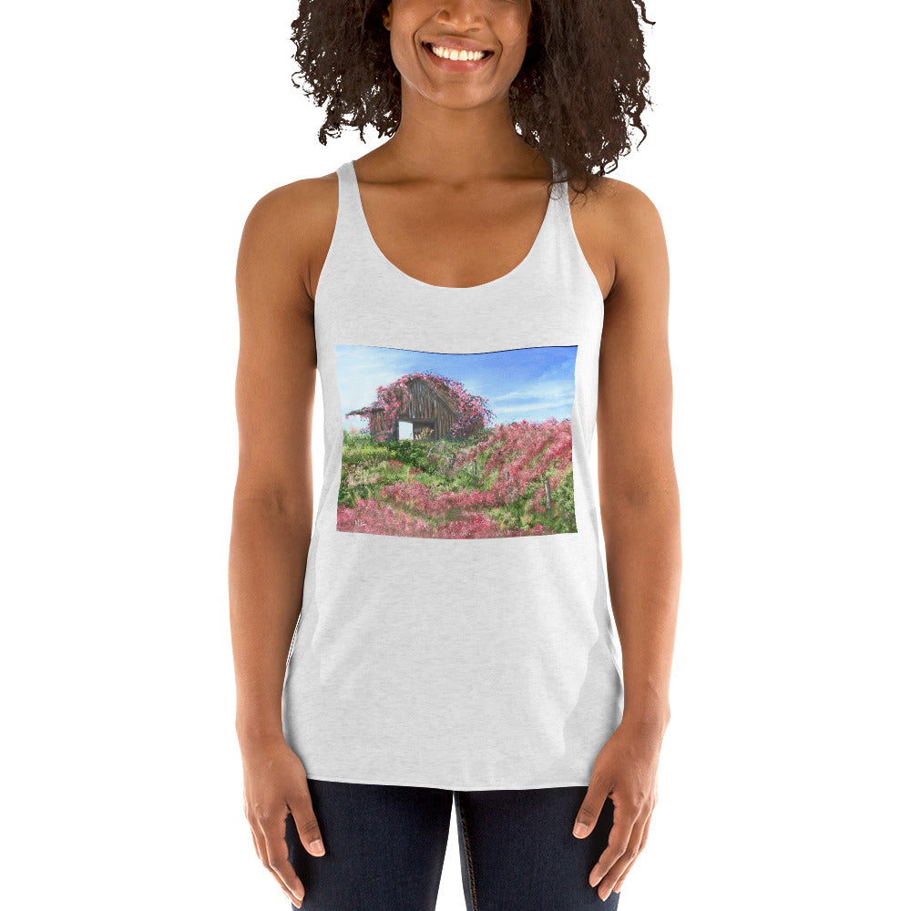 Women's Racerback Tank Barn covered in roses