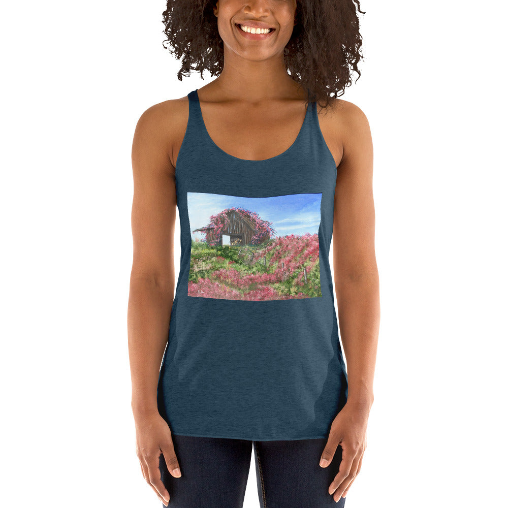 Women's Racerback Tank Barn covered in roses